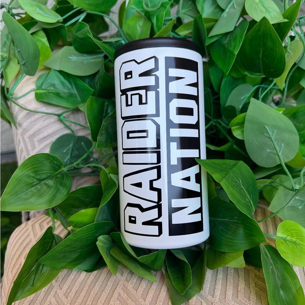 Las Vegas Raider Nation Black and White Tumbler, Metal Koozie